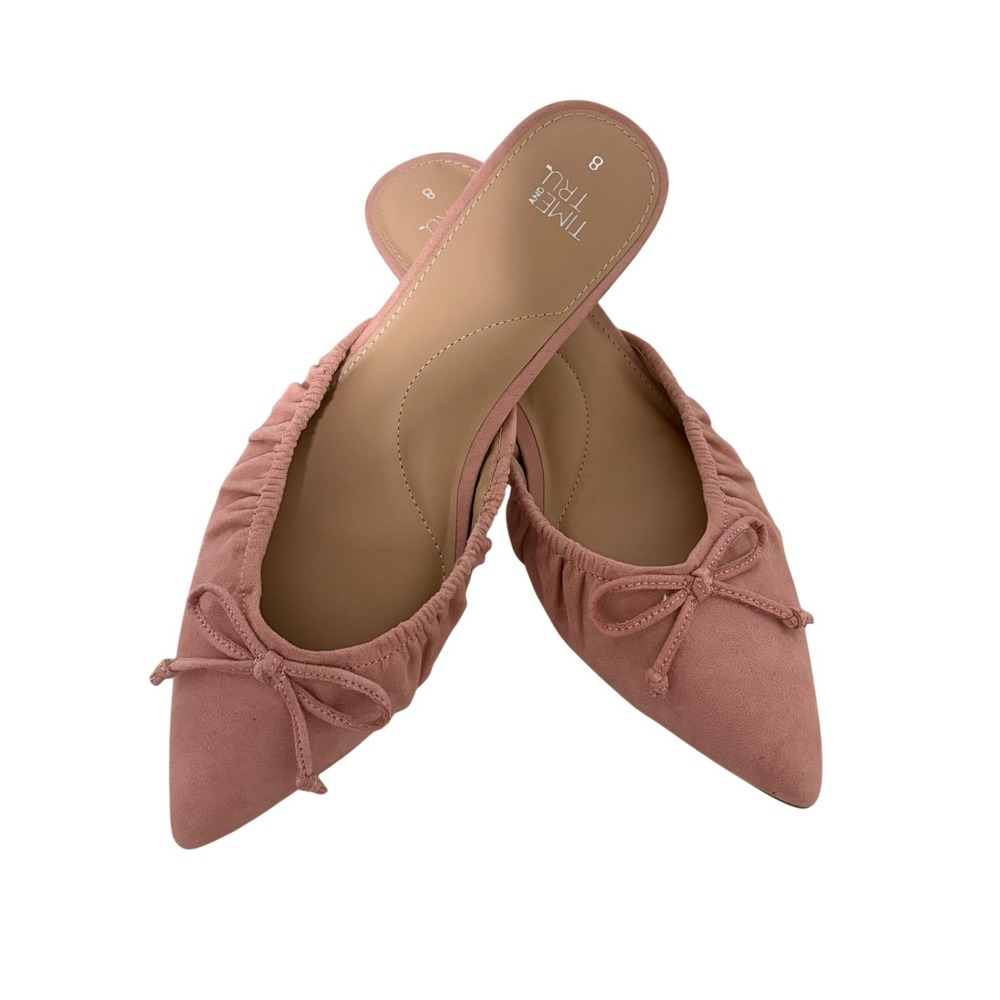 Time and Tru Pink Faux Suede Pointed Toe Kitten Heel Mules Bow Detail Sz 8 Fall